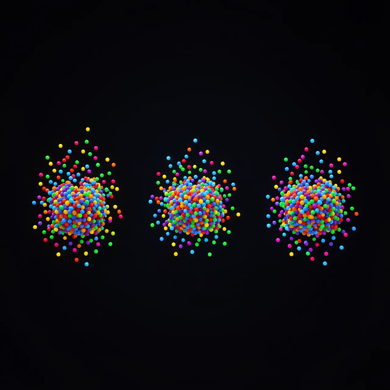Three glowing clusters of bright multicolored floating dots arranged against a solid black background