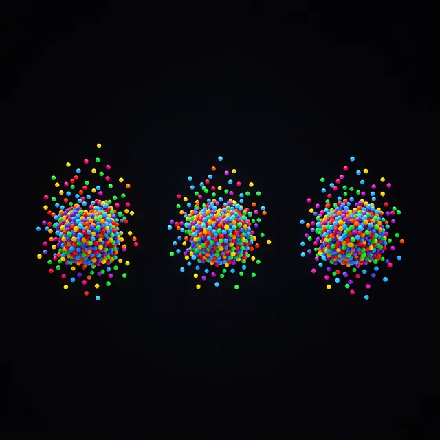 Three glowing clusters of bright multicolored floating dots arranged against a solid black background