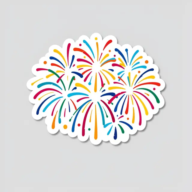 A cute flat die cut sticker of clustered colorful fireworks sits on a plain light gray background