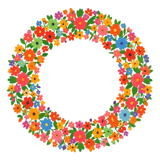 A flat clipart round floral wreath of bright multicolored small flowers with an empty center on a plain white background