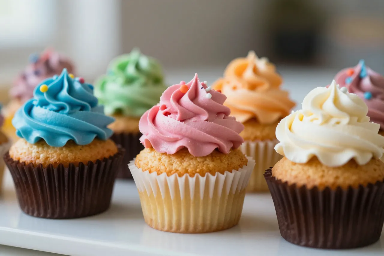 Row of decorated cupcakes with bright swirled frosting arranged on a white tray