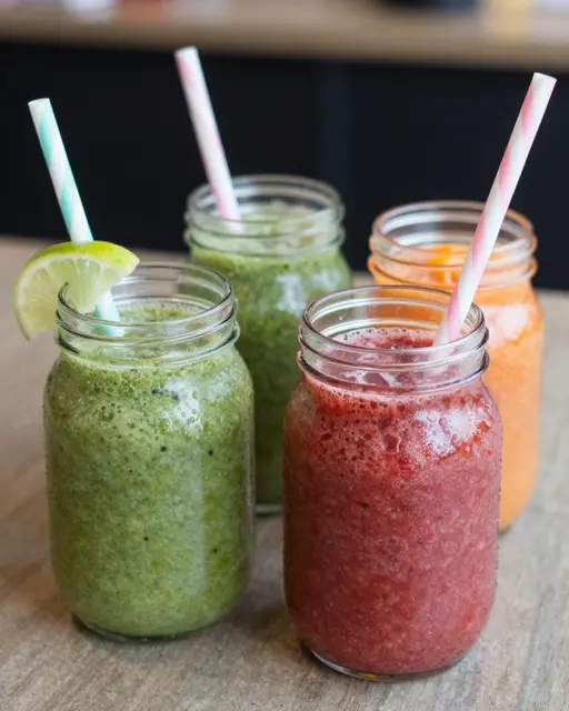 Four glass mason jars filled with vibrant smoothies and striped straws sit on a wooden tabletop.