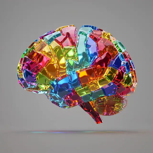 A human brain constructed from faceted multicolored translucent glass shards floats against a plain gray background