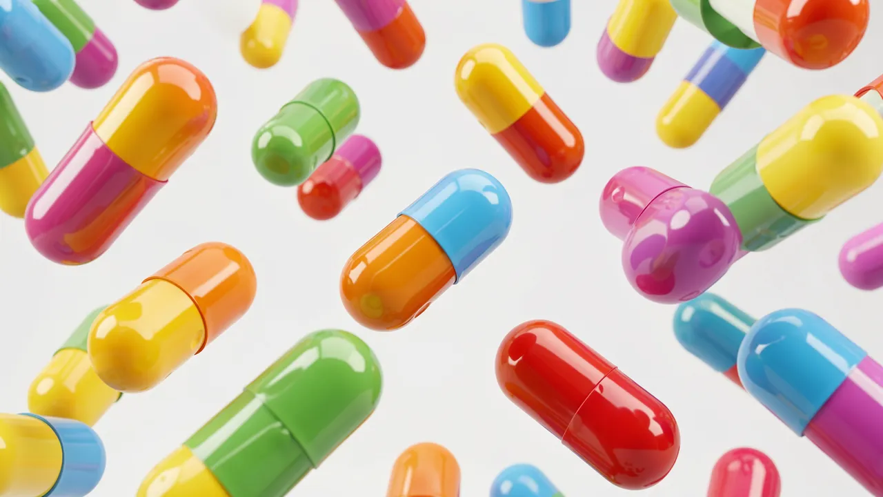 Glossy two-tone pill-shaped capsules tumble through a bright light gray empty background