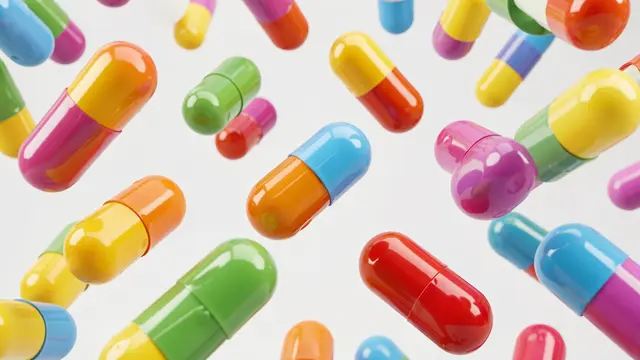 Glossy two-tone pill-shaped capsules tumble through a bright light gray empty background