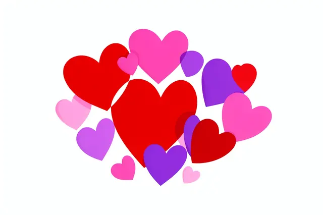 Flat clipart cluster of varying sized red, pink and purple hearts isolated on a plain white background