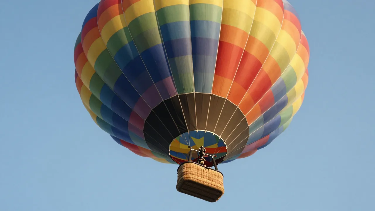 A striped multicolor hot air balloon is viewed from directly below against a clear bright blue sky.