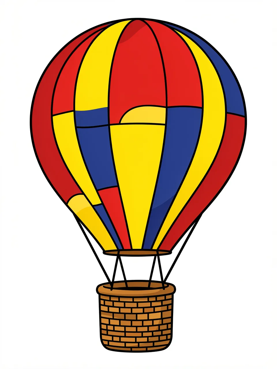Flat cartoon illustration of a red, yellow and blue paneled hot air balloon with a wicker basket on a white background