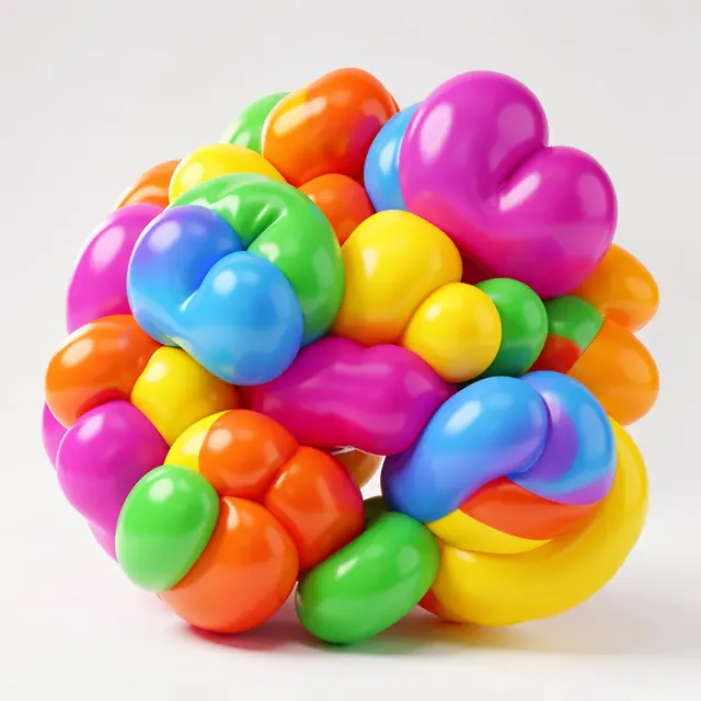 Glossy bright candy-colored inflated 3D shapes cluster against a plain light gray background