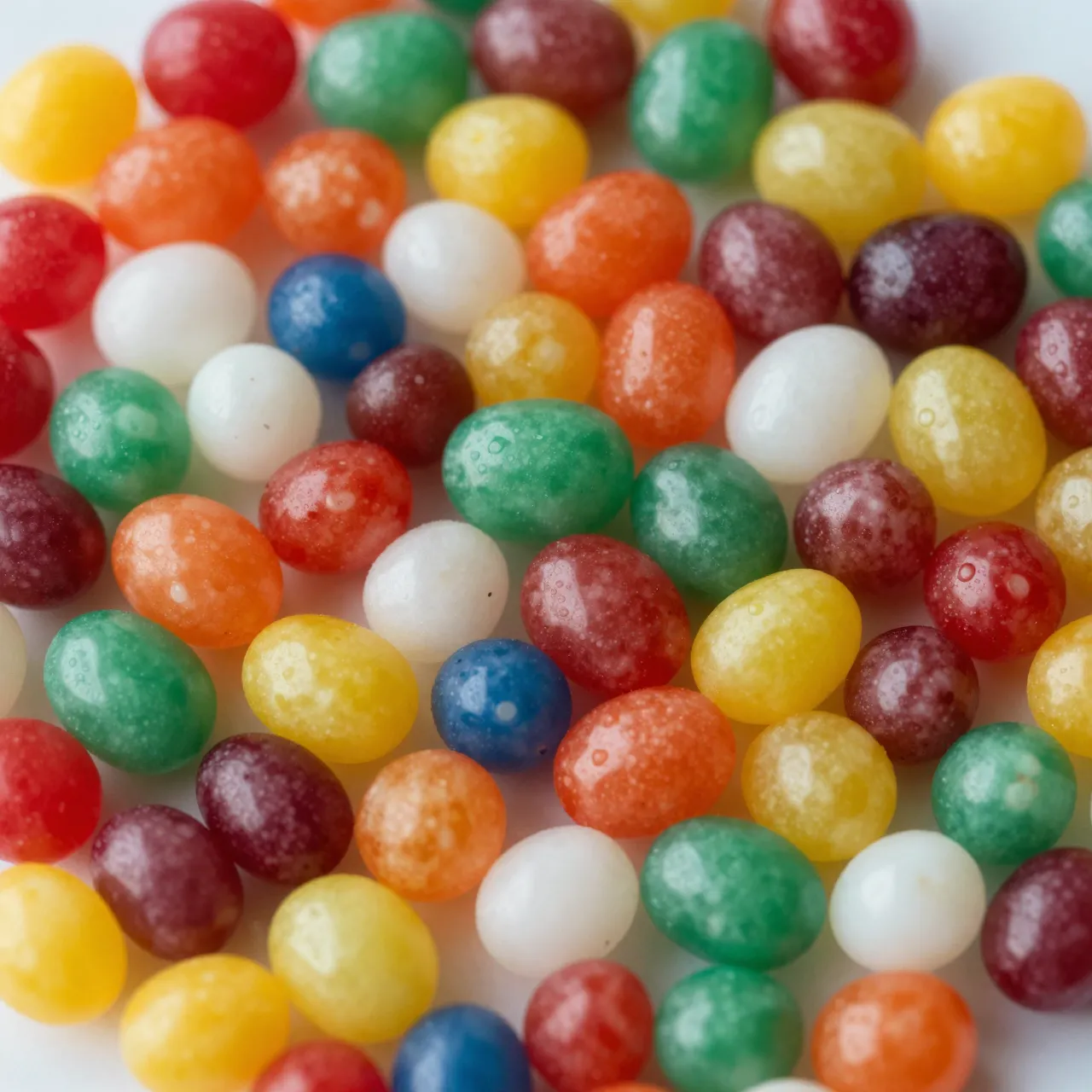 Close-up top view of assorted glossy multicolored jelly beans scattered on a light white surface