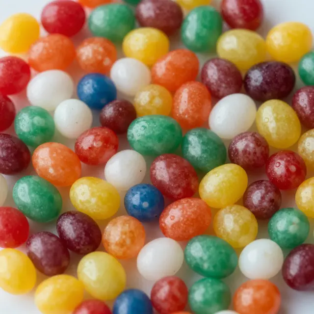 Close-up top view of assorted glossy multicolored jelly beans scattered on a light white surface