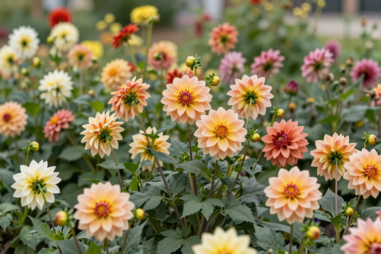 A dense bed of multi-colored dahlia flowers blooms against soft blurred garden foliage in late summer.
