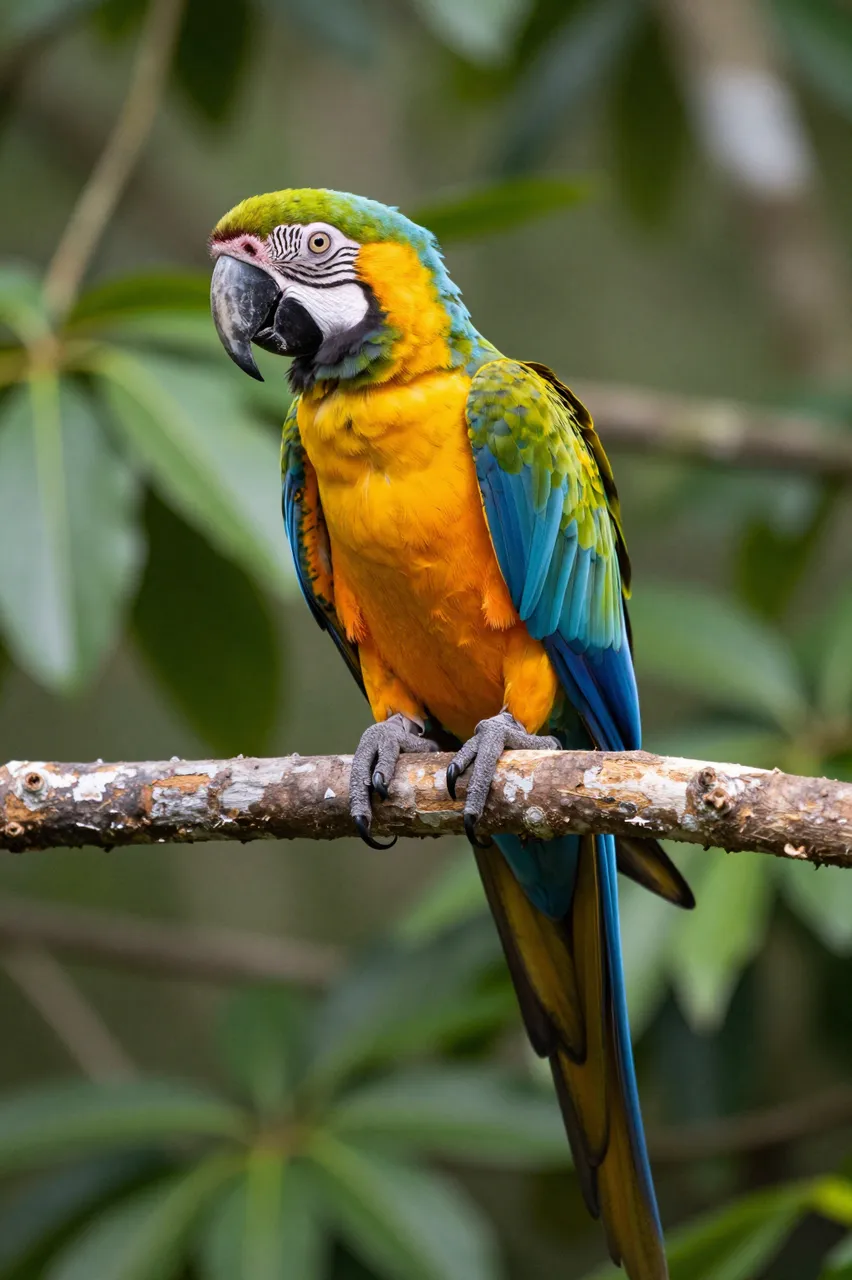 A vibrant blue-and-yellow macaw sits perched on a rough tree branch against blurred tropical forest foliage.