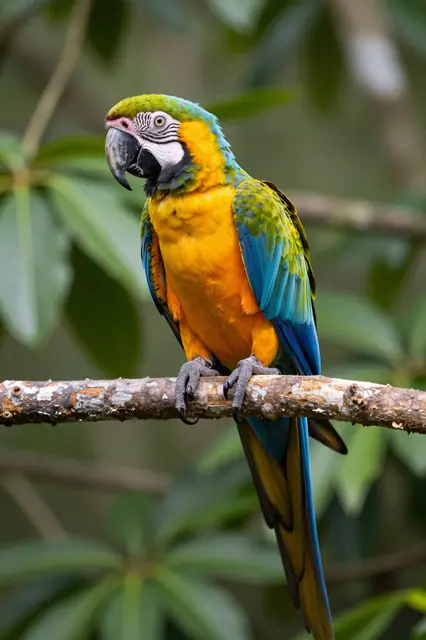 A vibrant blue-and-yellow macaw sits perched on a rough tree branch against blurred tropical forest foliage.