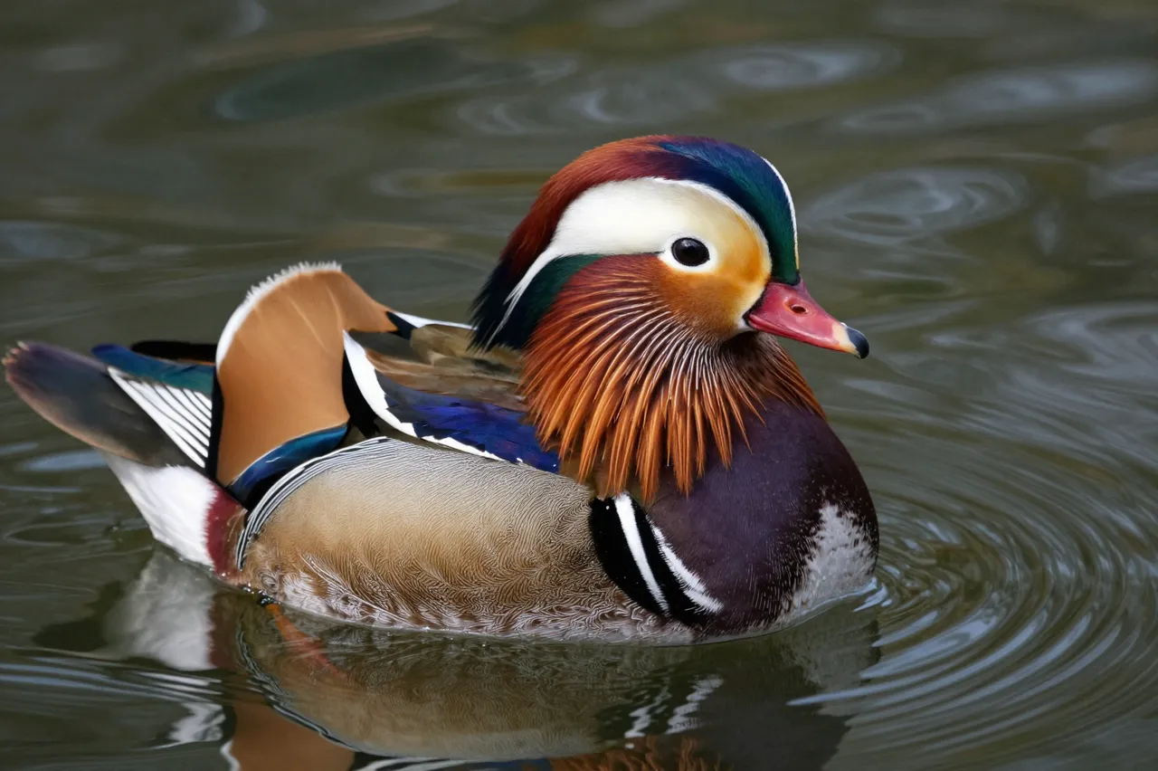 A vibrantly plumaged mandarin duck floats gently on rippled pond water