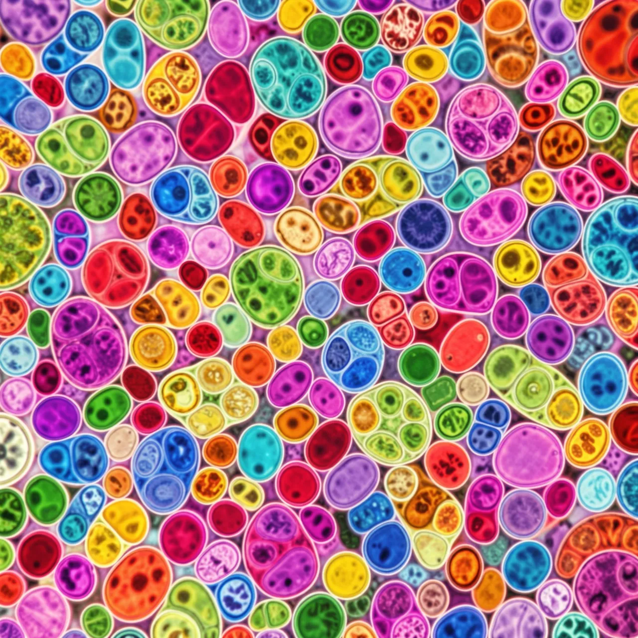 Densely packed brightly colored biological cells fill the frame in a microscopic scientific view
