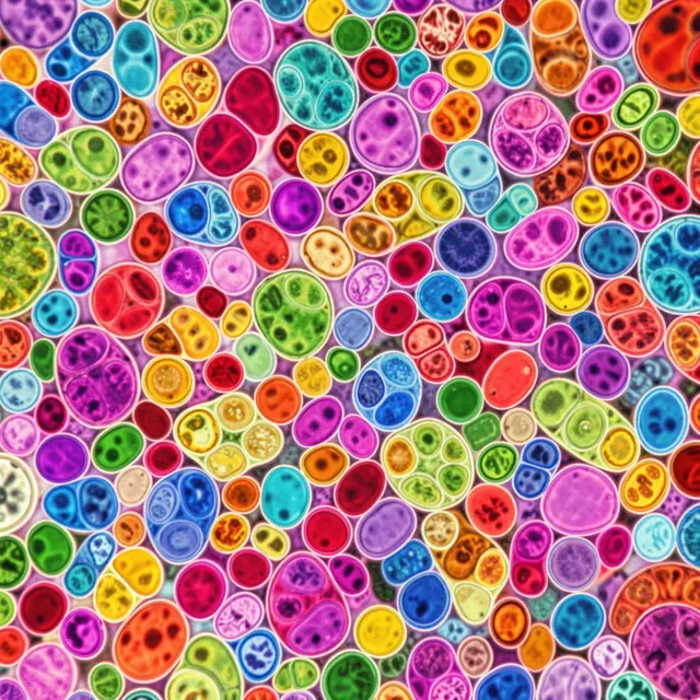 Densely packed brightly colored biological cells fill the frame in a microscopic scientific view