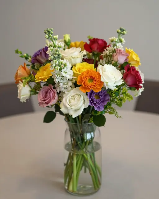 A vibrant mixed garden flower bouquet in a clear glass vase rests on a neutral tabletop
