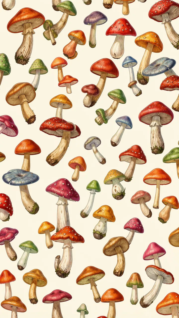 Scattered illustrated colorful mushrooms of varied shapes sit on a soft cream background