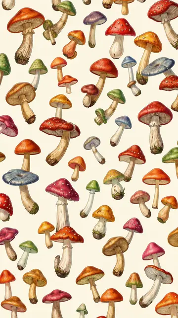 Scattered illustrated colorful mushrooms of varied shapes sit on a soft cream background
