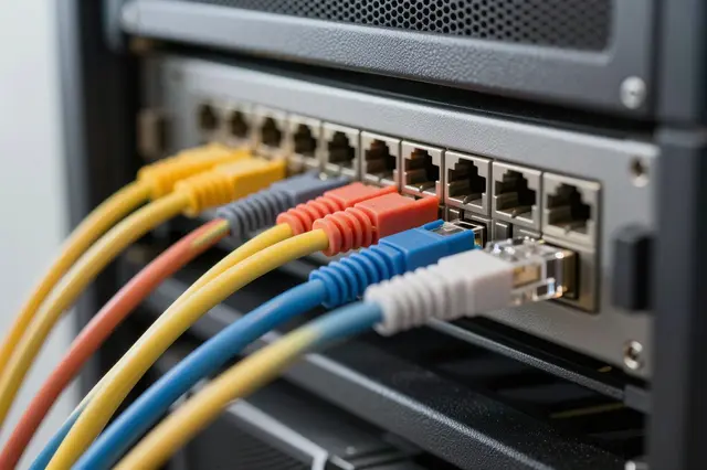 Close-up of multicolored ethernet cables plugged into a metal server switch panel