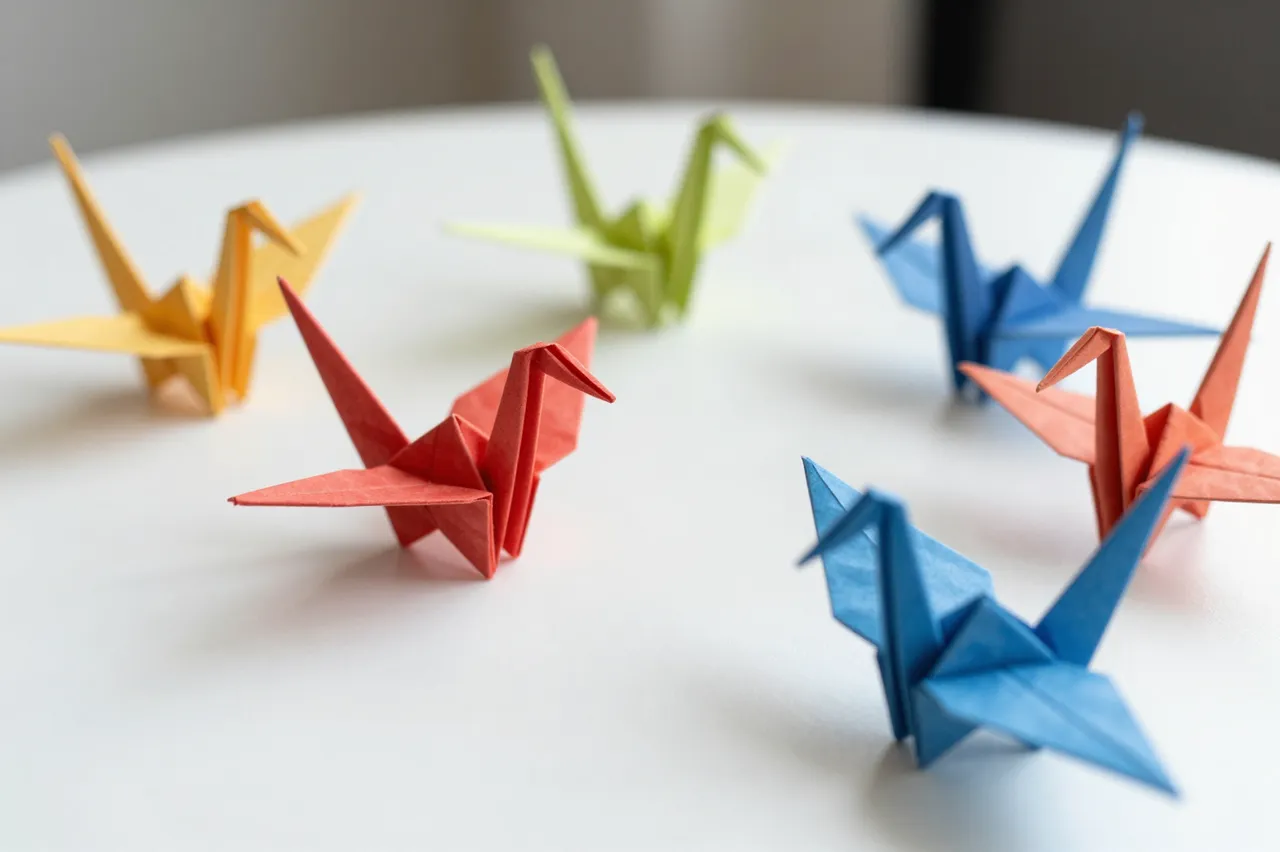 A group of multicolored origami cranes arranged on a smooth white round table.