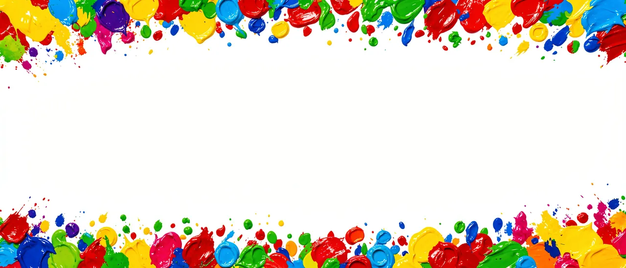 Thick bright multicolor paint dabs frame a blank wide white horizontal center space