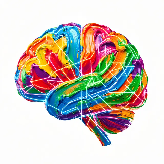 A brain sculpture made of thick multicolor paint overlaid with glowing neon network lines on a plain white background