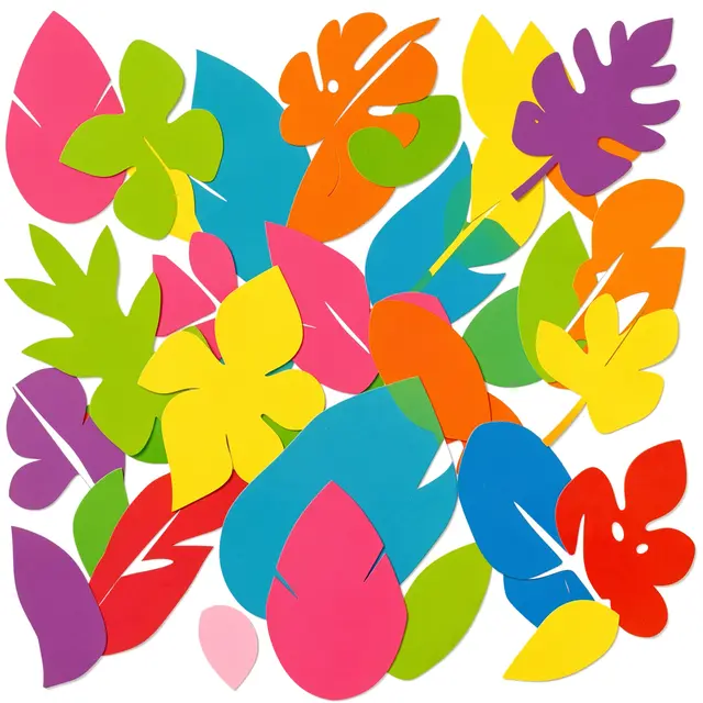 Vibrant overlapping cutout paper leaves in bright rainbow hues arranged on a plain white background