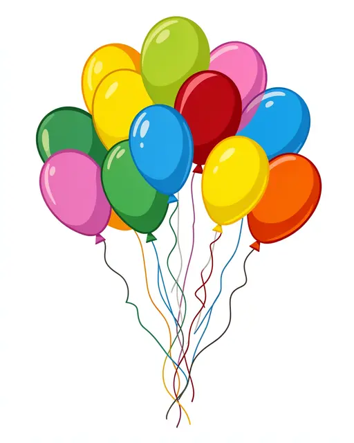 A flat clipart illustration of a clustered bunch of bright multicolored balloons with curly strings on a plain white