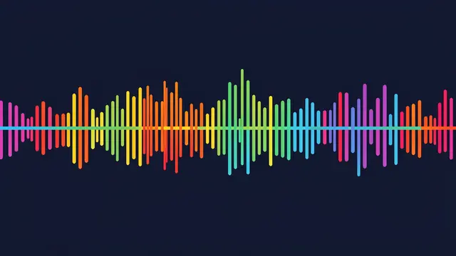 A vibrant multicolored sound wave illustration centered on a dark navy background