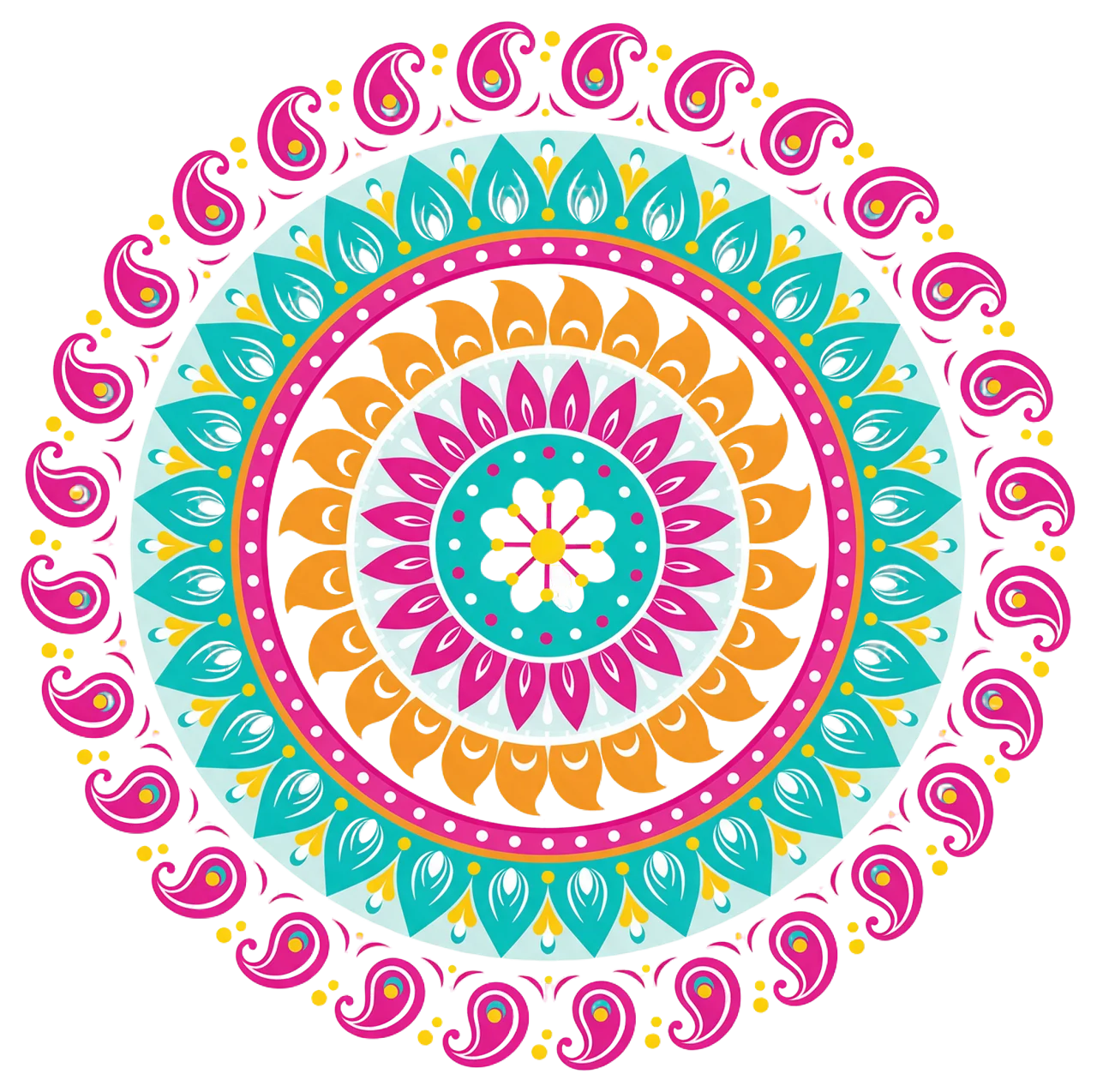 Symmetric round flat vector rangoli mandala with layered petals, dots and paisley patterns