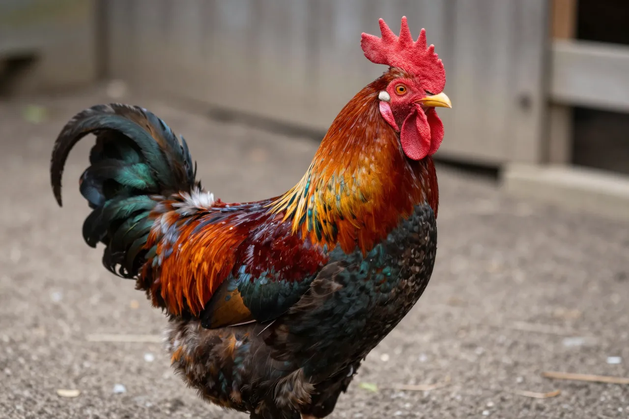 A vibrantly feathered rooster stands on a dirt farmyard near a wooden coop wall.