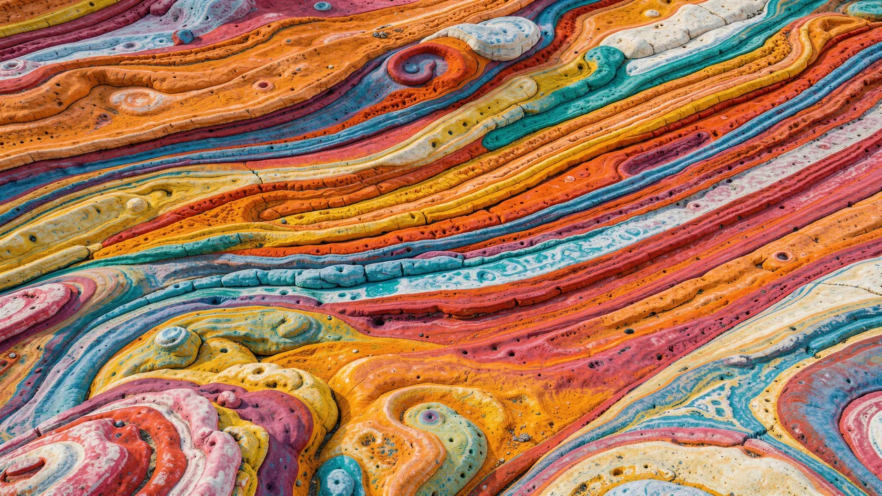 Vibrant wavy stacked colorful sediment layers form an abstract textured terrain surface