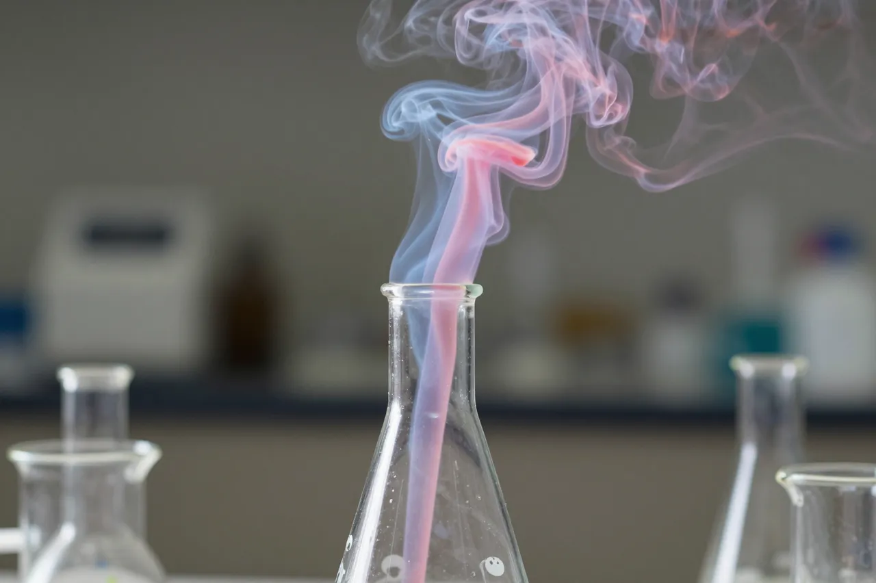 Wispy pink and blue smoke rises from an erlenmeyer flask on a laboratory bench