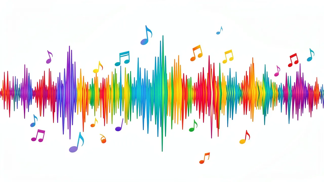 Rainbow colored audio waveform with floating multicolor music notes on a plain white background