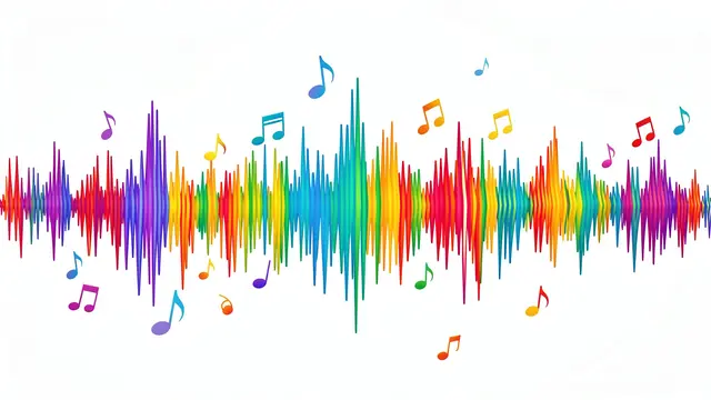 Rainbow colored audio waveform with floating multicolor music notes on a plain white background
