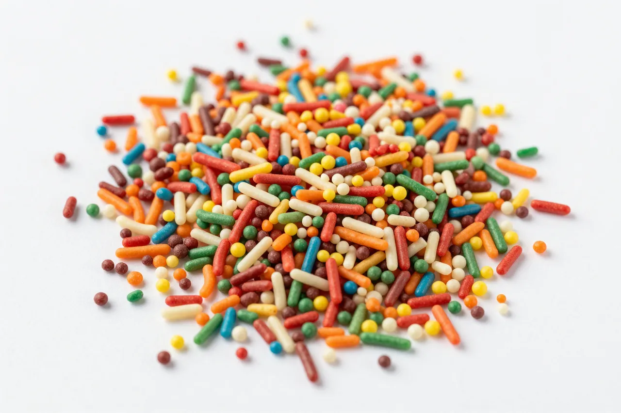 Top-down view of a scattered pile of multicolored rod and round candy sprinkles on a plain white background