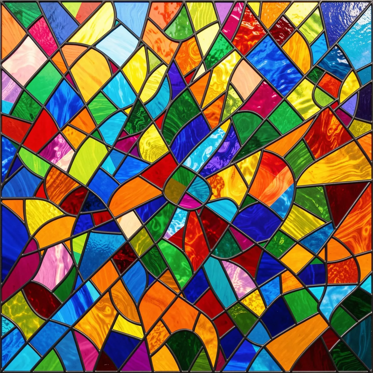 An intricate abstract pattern of vibrant multicolored stained glass shapes separated by dark lead lines