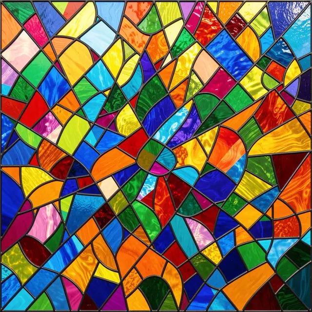 An intricate abstract pattern of vibrant multicolored stained glass shapes separated by dark lead lines