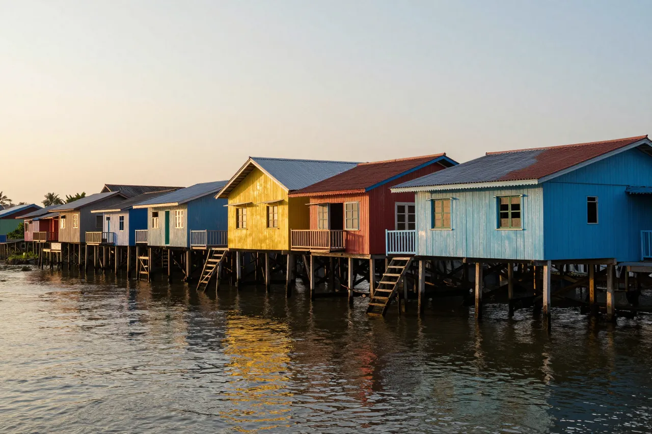A row of brightly painted wooden stilt houses lines a calm river under a soft sunset sky