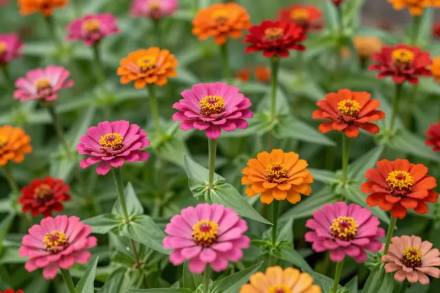 Sharp close-up of bright pink, orange and red zinnia flowers growing in a lush summer garden bed