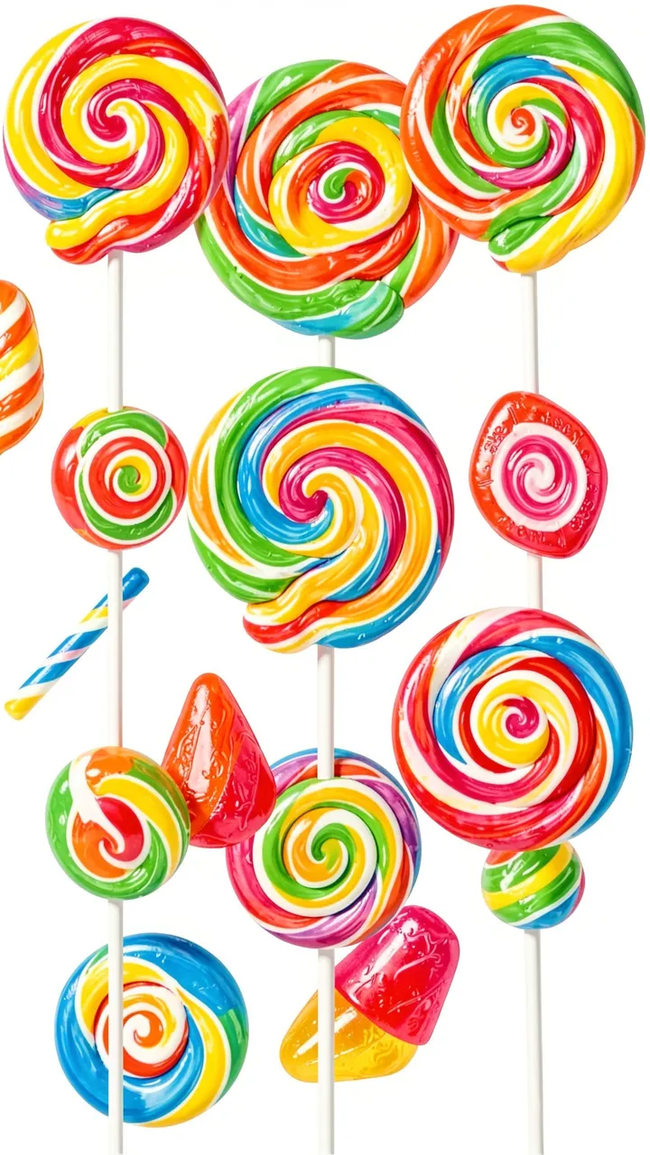 Bright rainbow swirl lollipops and assorted candies arranged vertically on a plain white background