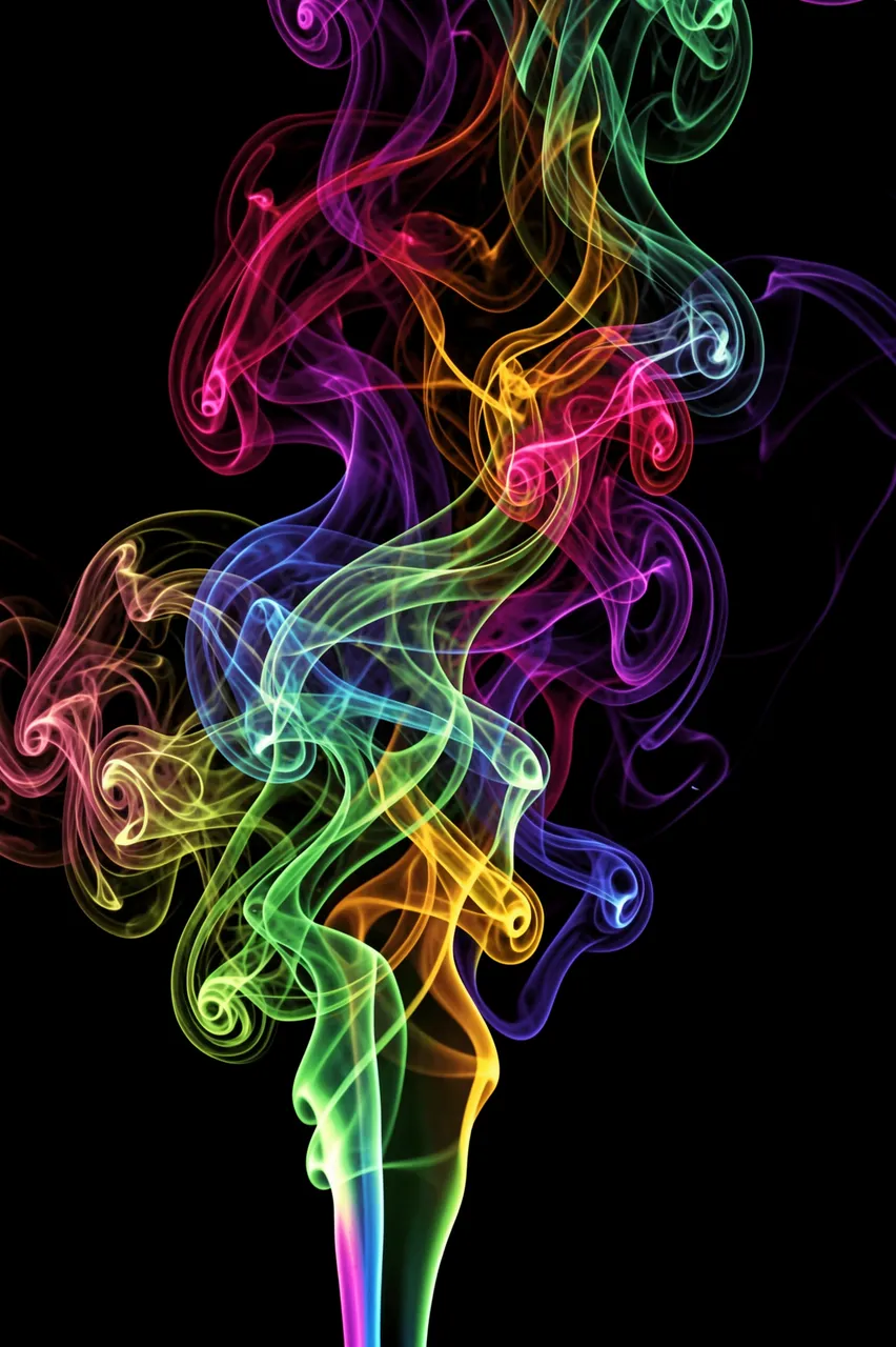 Vibrant multicolored wispy smoke swirls and curls against a solid black background