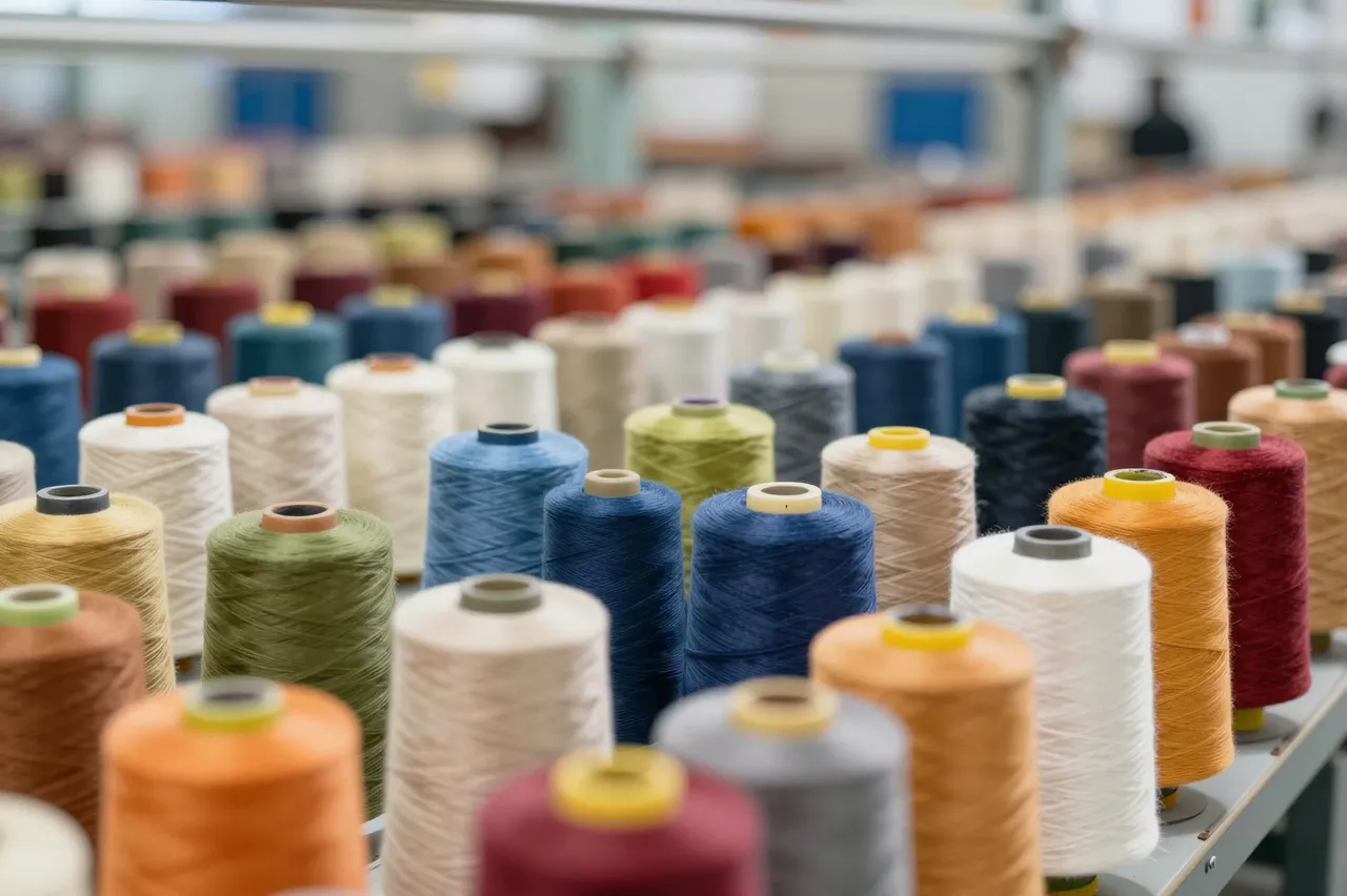 Rows of multicolored yarn spools line a textile mill production shelf with a blurred factory background.