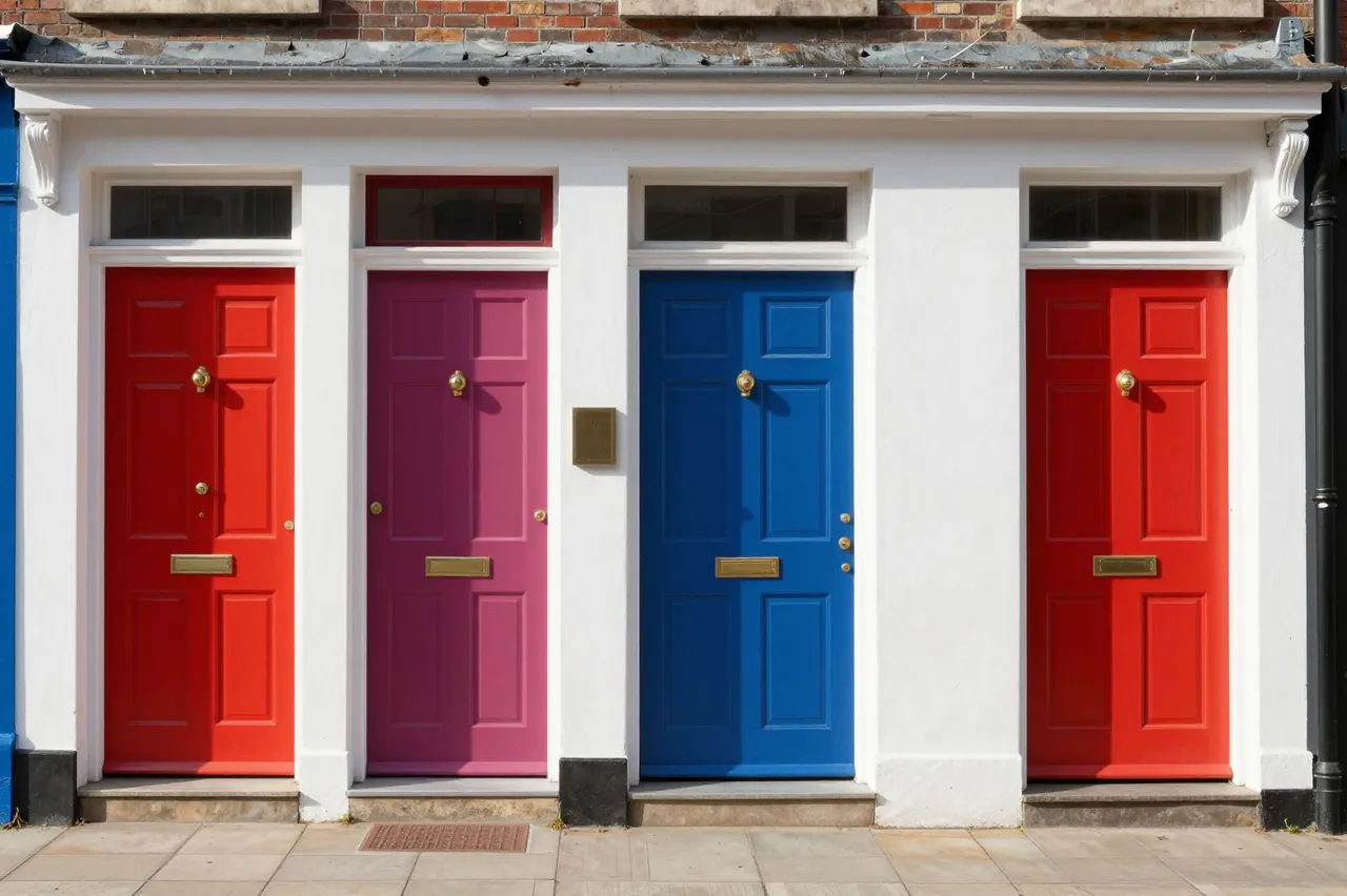 A row of vibrant red, pink and blue front doors on a sunny residential street facade