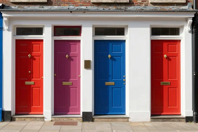 A row of vibrant red, pink and blue front doors on a sunny residential street facade