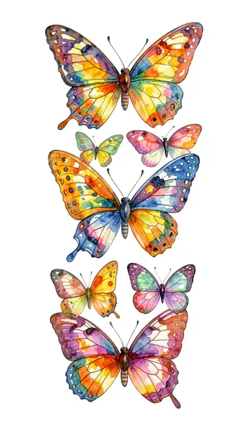 Vertical arrangement of vibrant watercolor butterflies against a plain white background