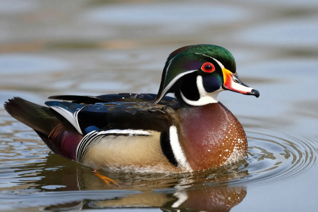 A vibrant male wood duck floats calmly on rippling reflective pond water.