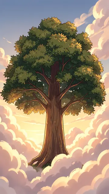 An anime-style colossal ancient tree rises above fluffy clouds under a warm golden hour sky.
